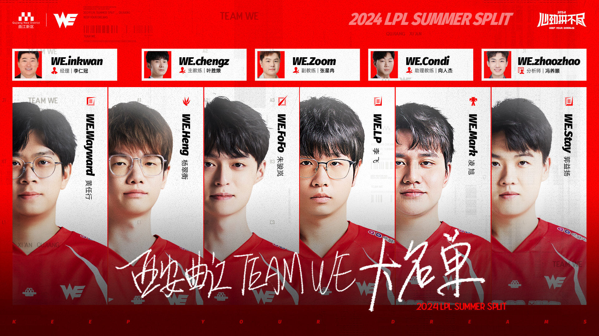 #WE公布2024夏季赛大名单#主教练：chengz助理教练：Zoom、Cond