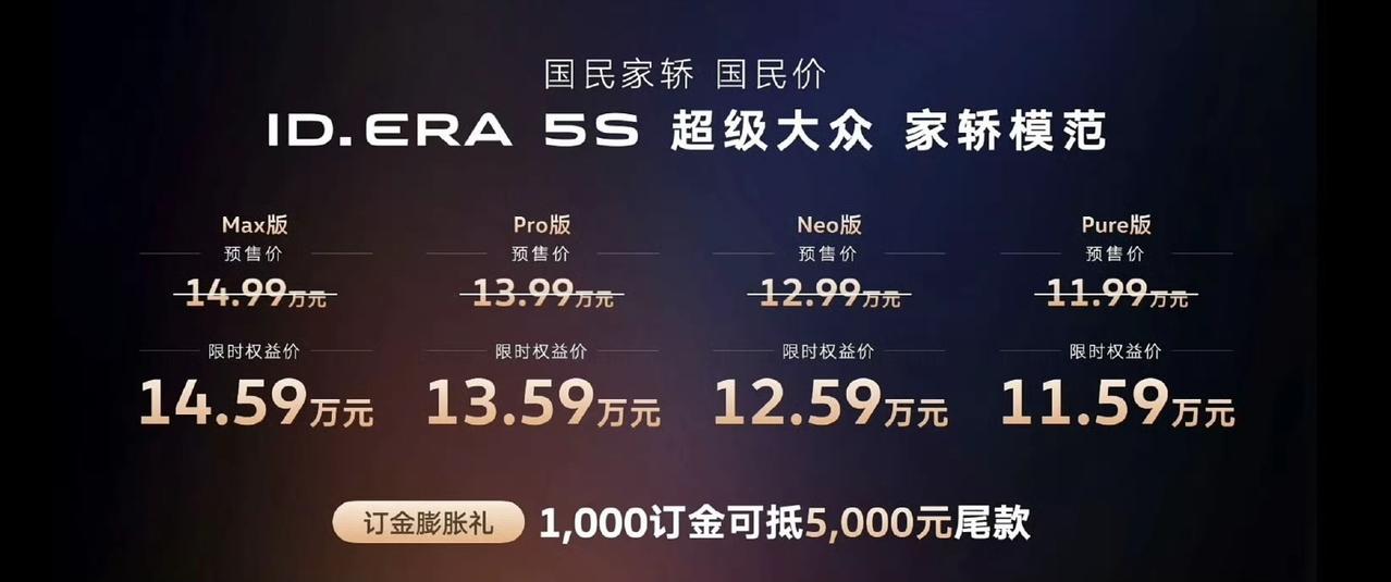 大众ID.ERA 5S正式预售，预售价11.99‑14.99万。大家觉得贵不贵？