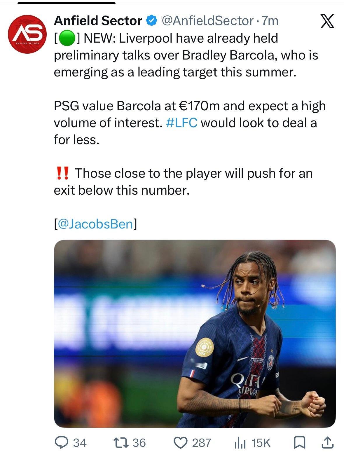 BJ：利物浦已经就巴尔科拉进行了初步谈判，他一直是今年夏天的主要目标。巴黎圣日耳