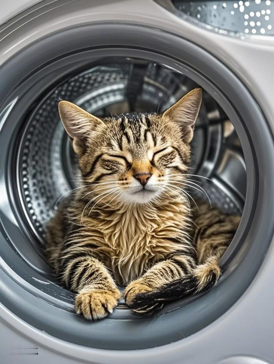 洗猫，而猫并不知情。当女子洗完衣服准备拿出来时，居然发现洗衣机里藏着自家小猫！