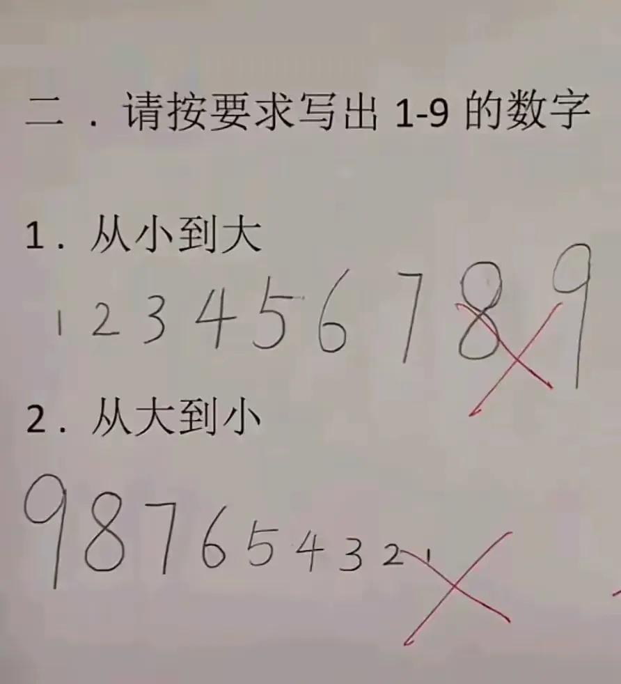 二年级儿子期末考试题，请问错在哪里？
此题指的是1，9两数。
一从小到大：1，9