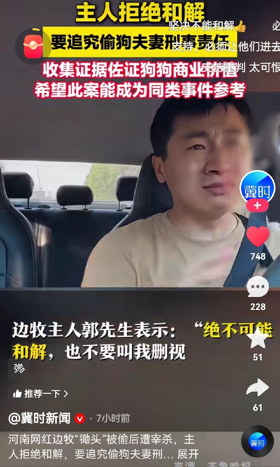 [可怜]网红边牧“锄头”被害的事，主人郭先生表示“绝不和解”——偷狗男子据说已被