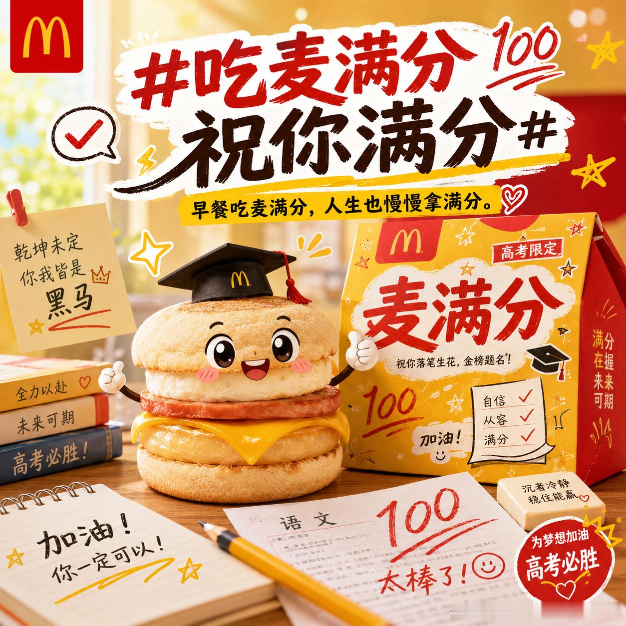 高考前吃麦满分，主打一个玄学也要吃到满分。但说真的，麦当劳好像一直是我们生活里的