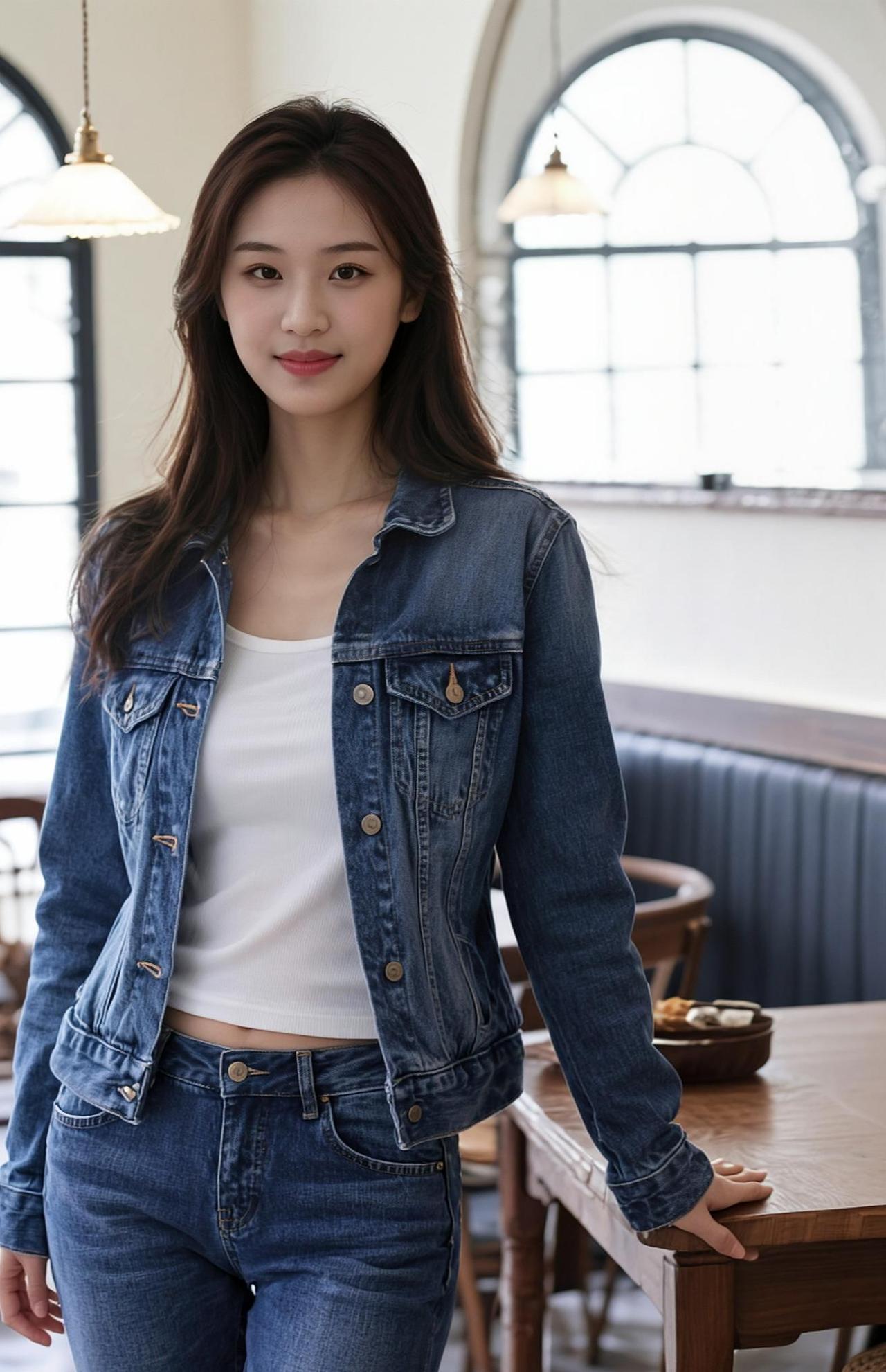 牛仔外套的复古蓝，搭配简约白T，经典又耐看。阳光洒在木质桌椅间，温暖的氛围让人忍