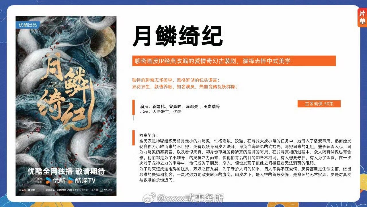 鞠婧祎、曾舜晞、陈都灵、田嘉瑞《月鳞绮纪》4月初优酷开播 