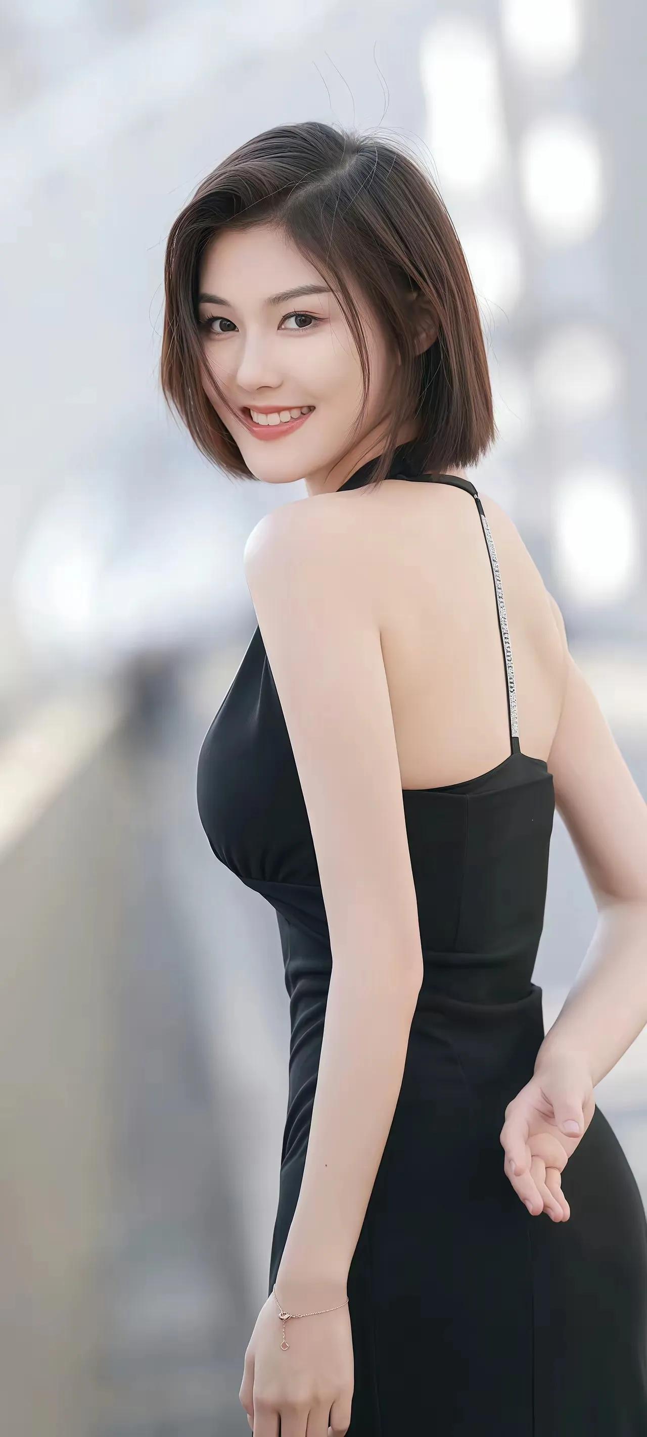 优雅黑裙，甜美笑容，都市女孩的迷人魅力！