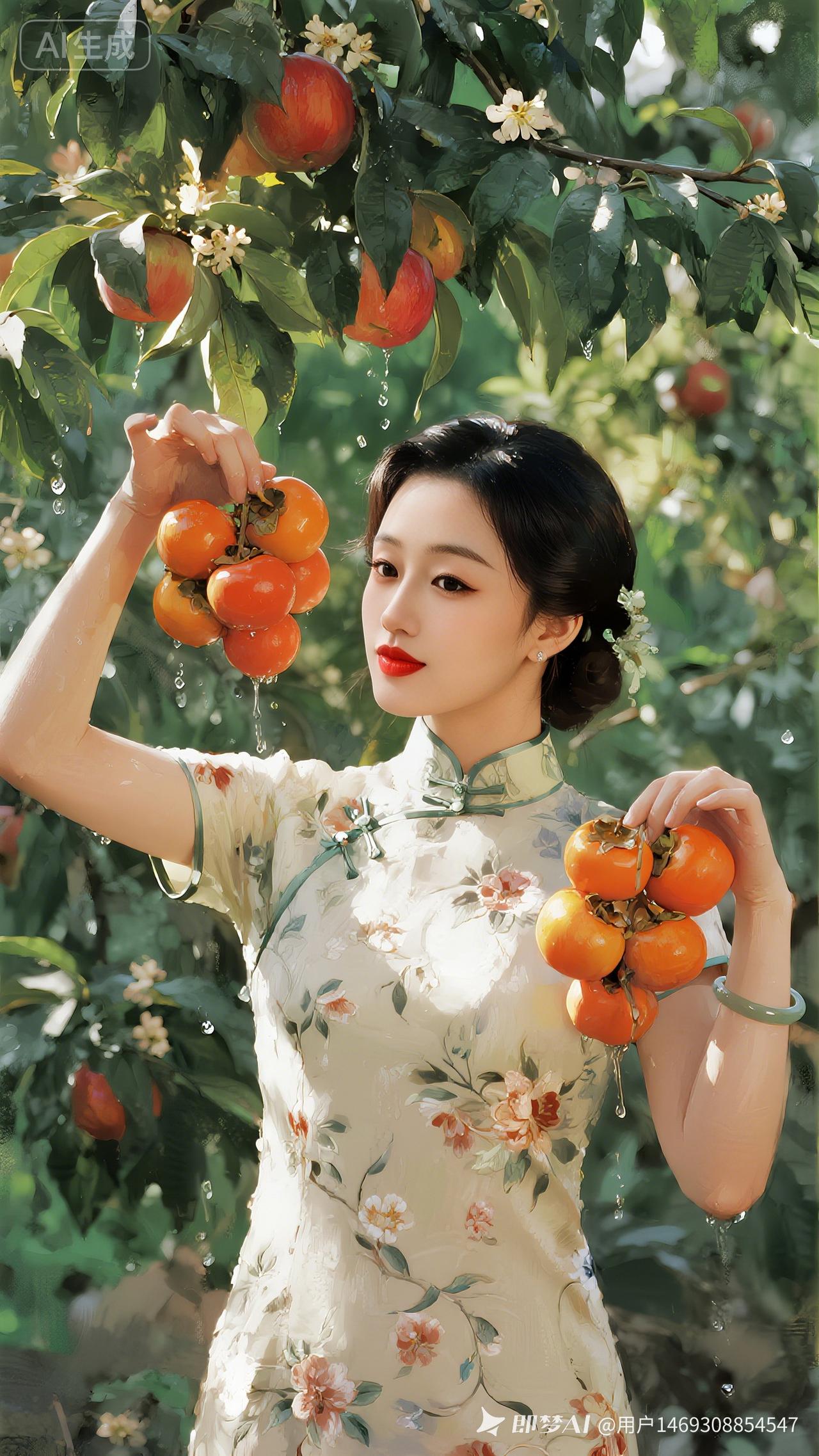 “秋日果园，红苹飘香，美人采摘，尽享丰收之美。”🍎🌸💃