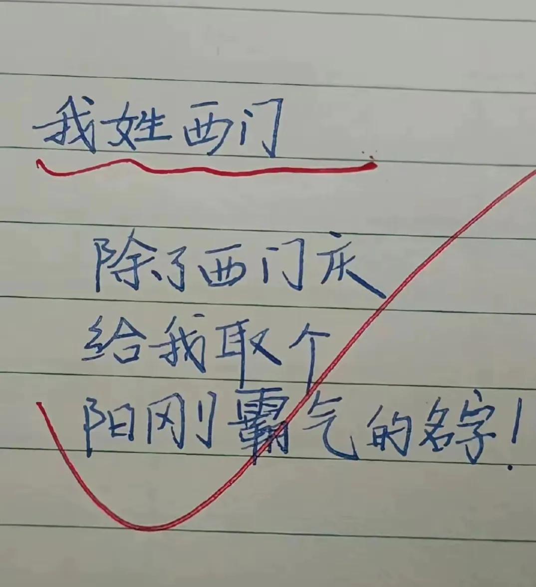 沈阳一朋友姓西门，前两天生了一个儿子。但起名字犯了愁，向网友征集响亮又文雅的名字