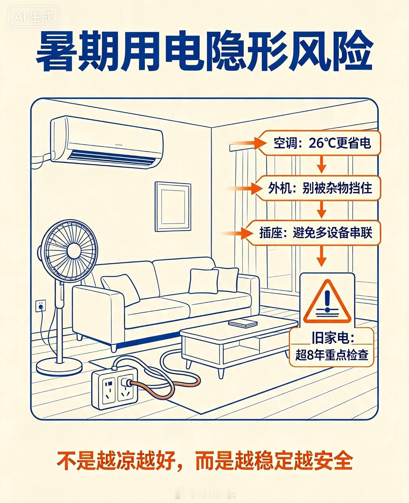 空调连续使用要关机散热吗暑期用电怎么避开隐形风险首先纠正核心误区：全新合规空调无