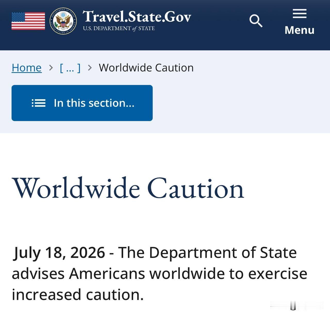 受伊朗威胁影响，美国国务院向海外美国人发布全球安全警报
 
美国国务院向所有身处