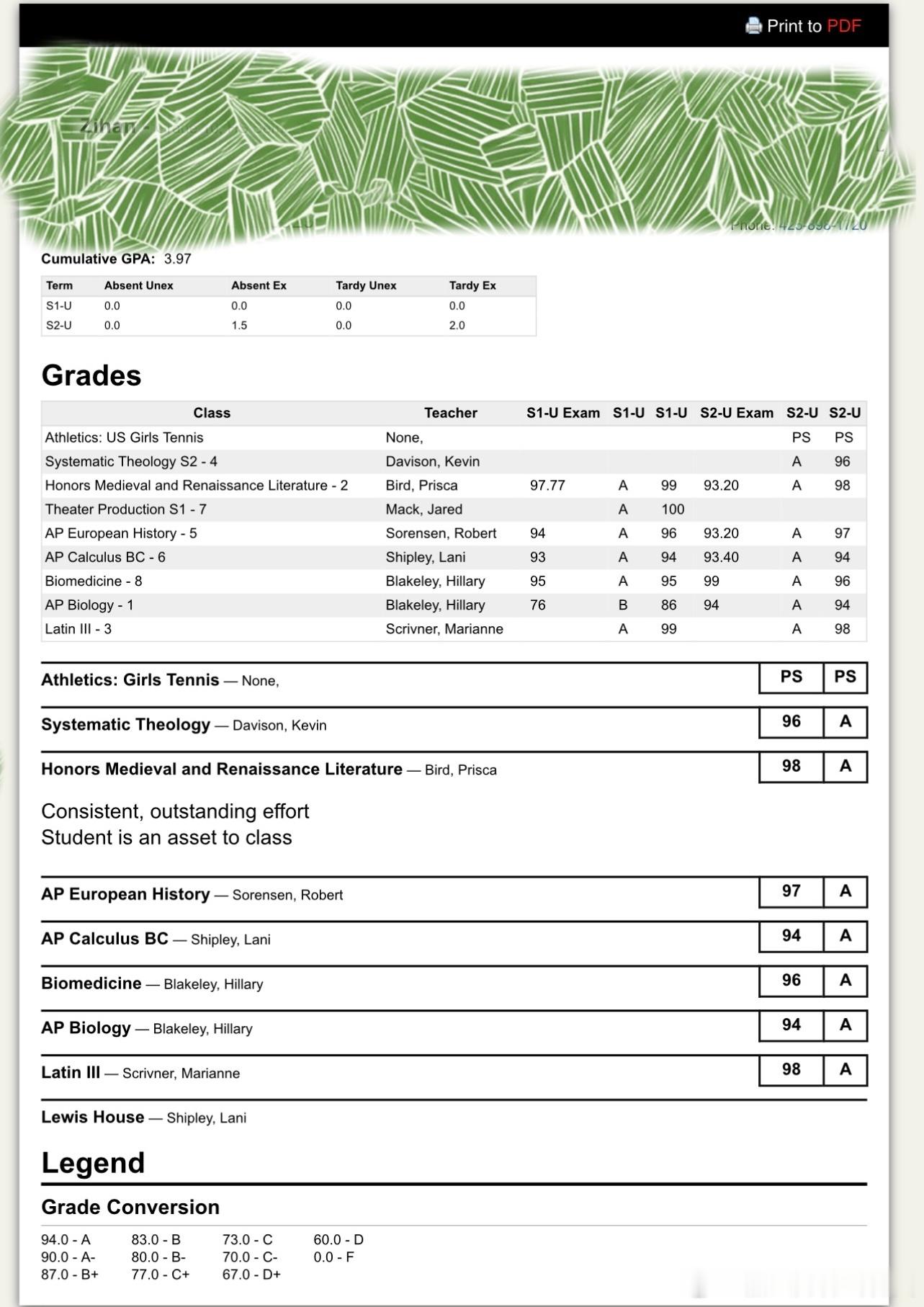 又是一年618，乐乐的学校发Report Card的日子。虽然十年级第二学期保持