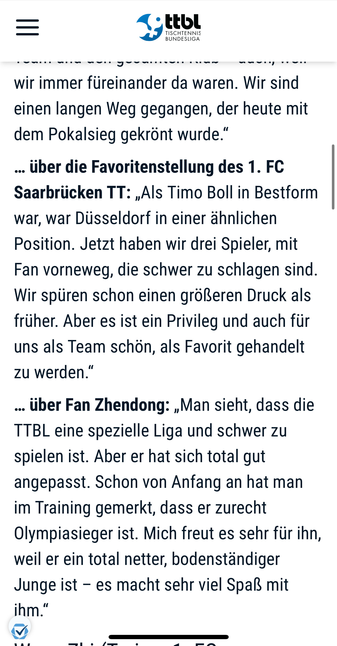 小弗说樊振东不愧是奥运冠军据TTBL报道，德国杯四强赛各方的赛后采访：弗朗西斯卡