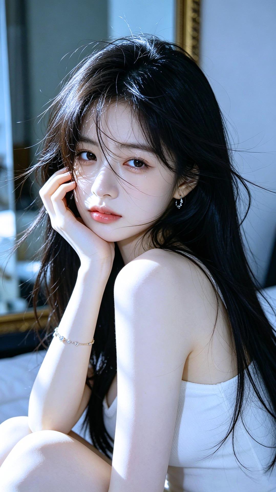黑发少女，温柔凝视，光影交错，梦幻氛围
