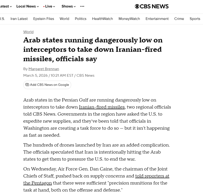 阿拉伯国家拦截弹数量严重短缺，美国短期内供应不上🔹据CBS报道称，波斯湾阿拉伯
