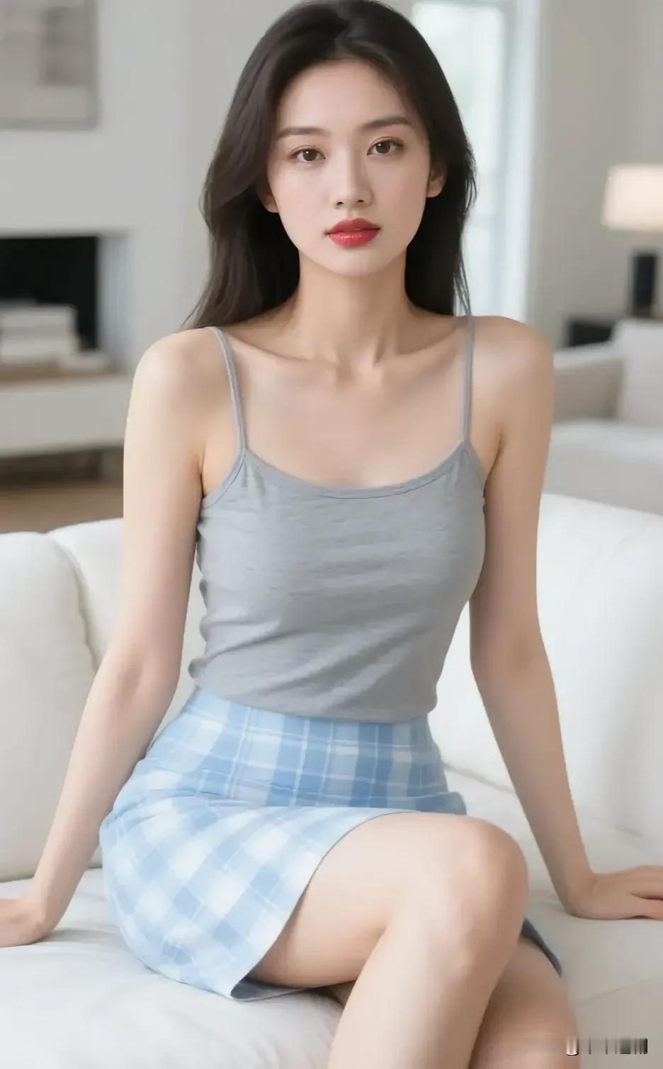 灰吊带搭蓝格短裙，简约穿搭在纯白沙发旁揉出清新又灵动的少女氛围感💙
蓝色连衣裙