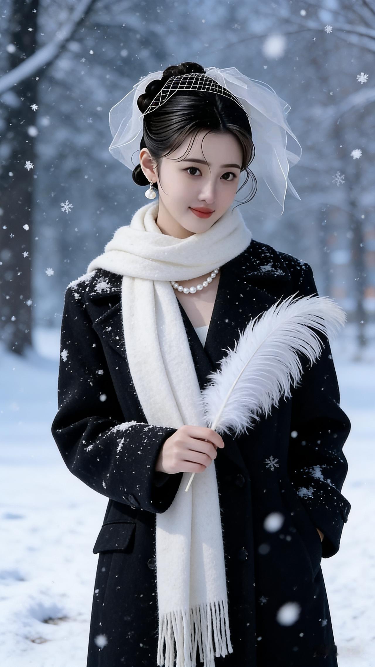 精致少女着时尚冬大衣配围巾，王冠耳坠衬美颜，满裙荧光珍珠闪，雪地落雪纷飞，超高清