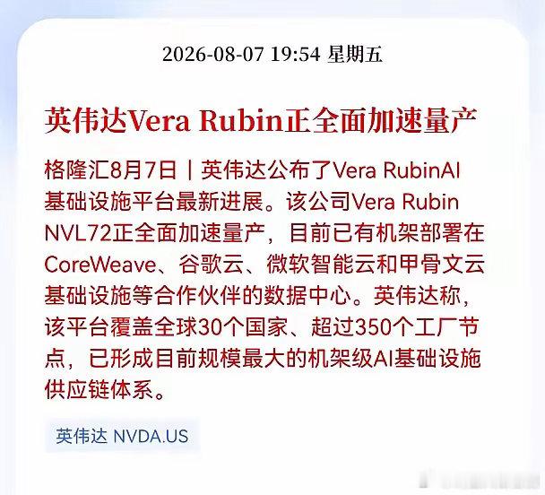 好消息！重磅好消息！英伟达发布重大利好消息！Vera Rubin正全面加速量产，