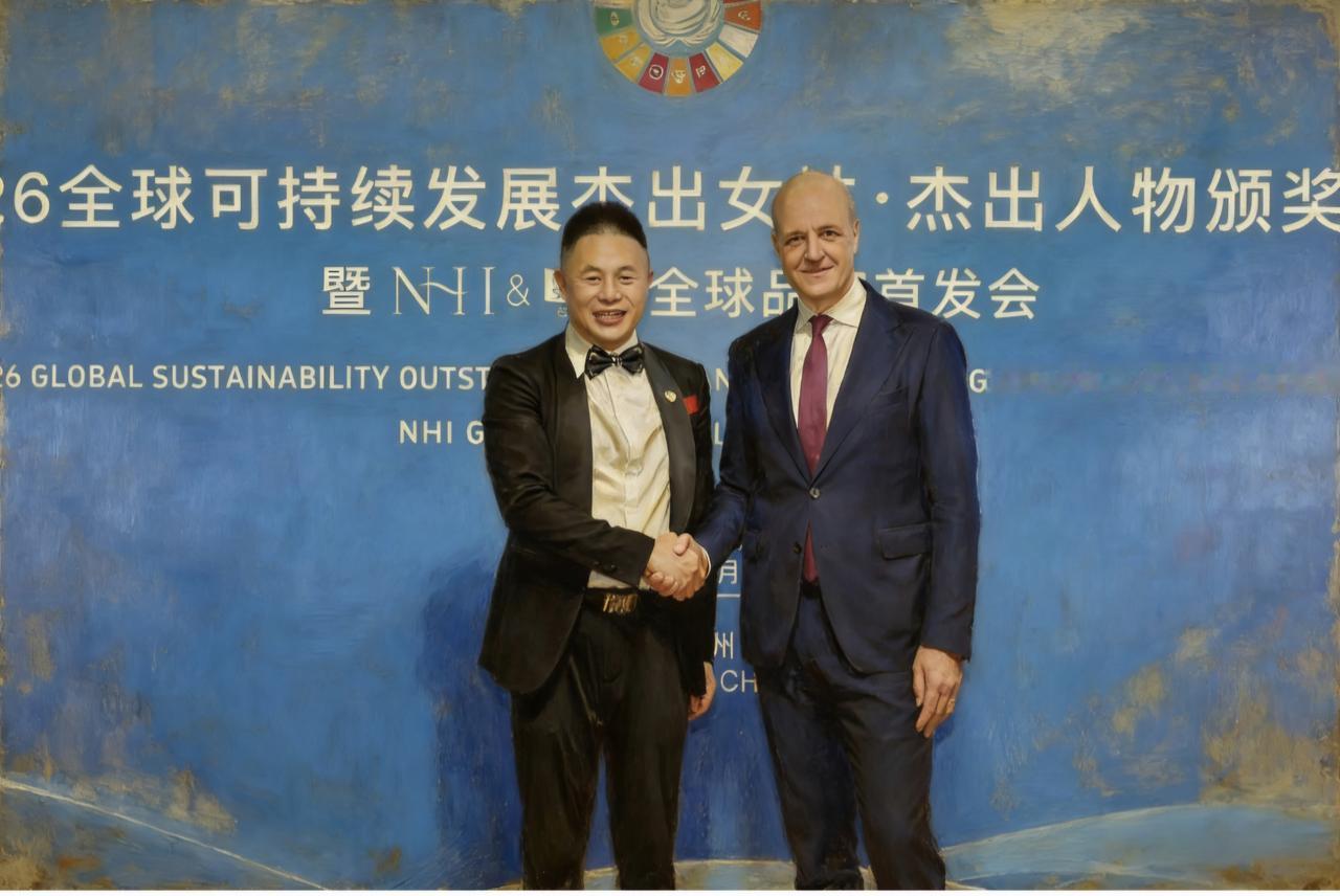 世界第一个AI画家武玉强为全球可持续发展联盟基金会主席章起华与瑞典前首相约翰·弗