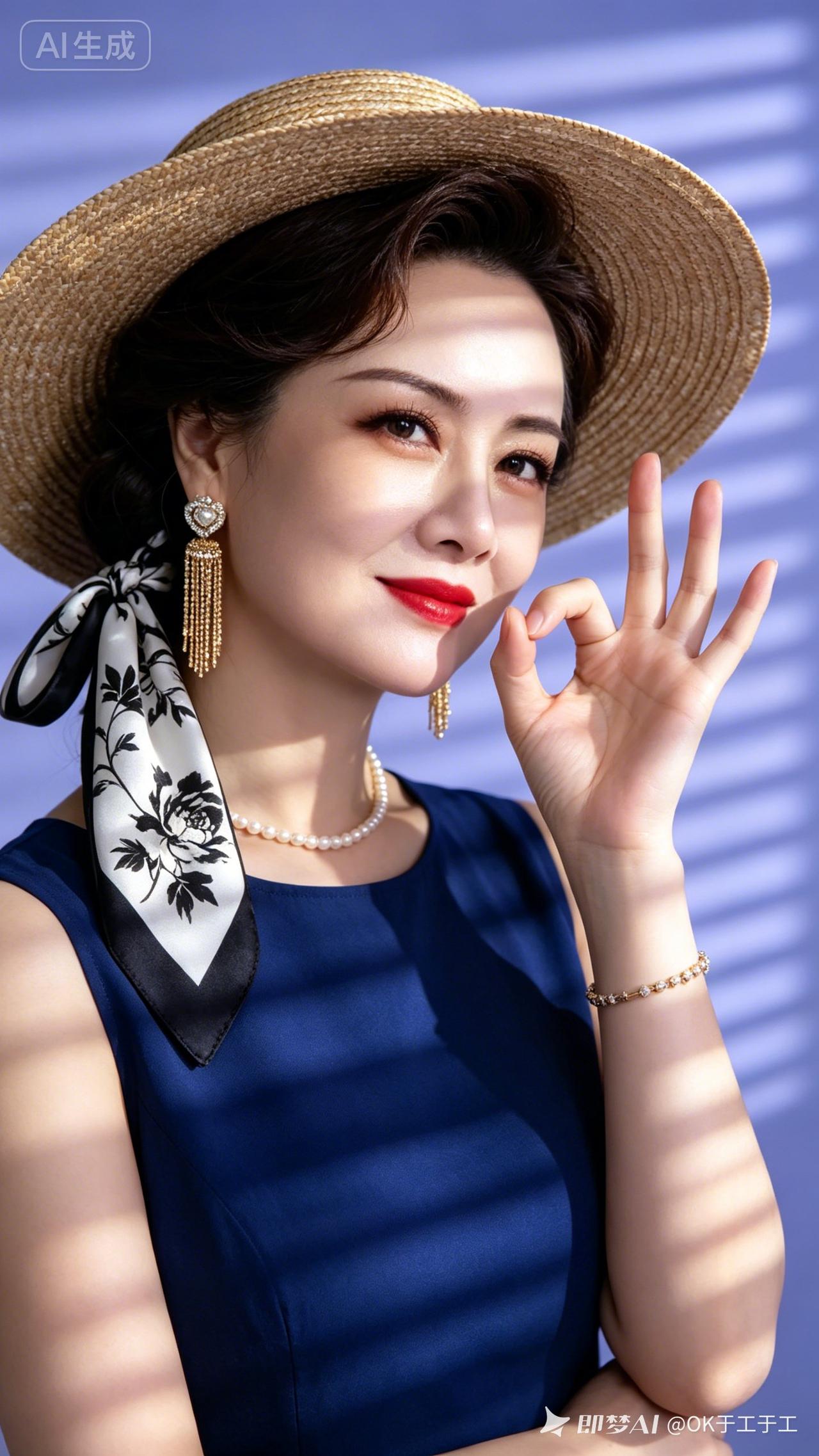 这美女戴草帽，穿得真优雅。