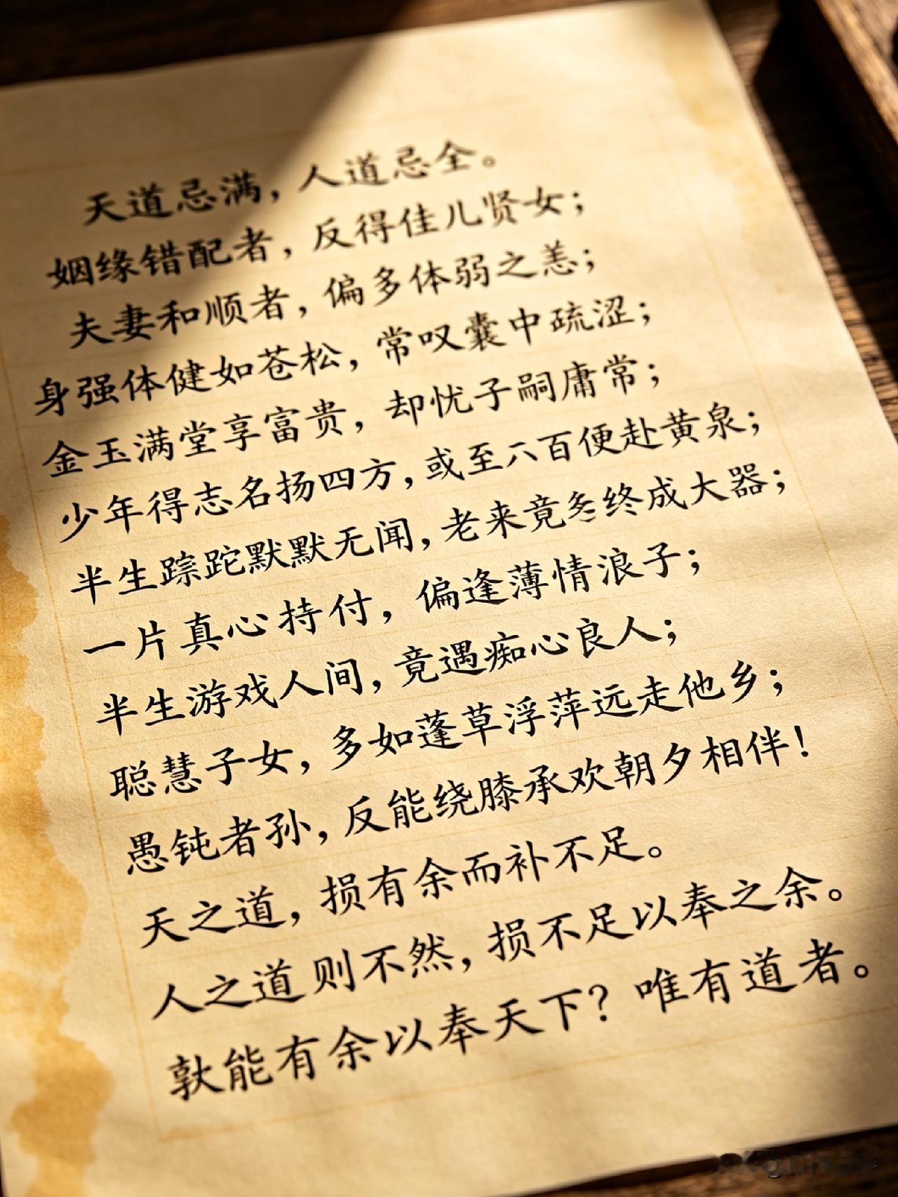 人生哪有样样都好
老天爷最恨太圆满
身体好的没钱，有钱的身体差
恩爱夫妻多病，普