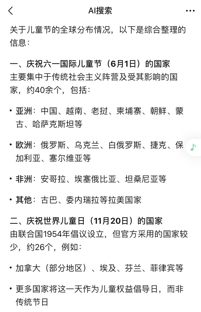 我一直以为今天全世界都在欢庆儿童节。问了一下AI，全世界197个国家，有不到40