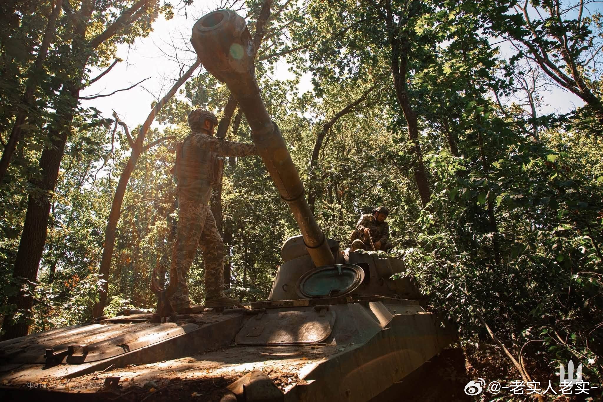 污军第154炮兵旅装备的2S1型122mm自行火炮，可见做了大量伪装。在无人机巡