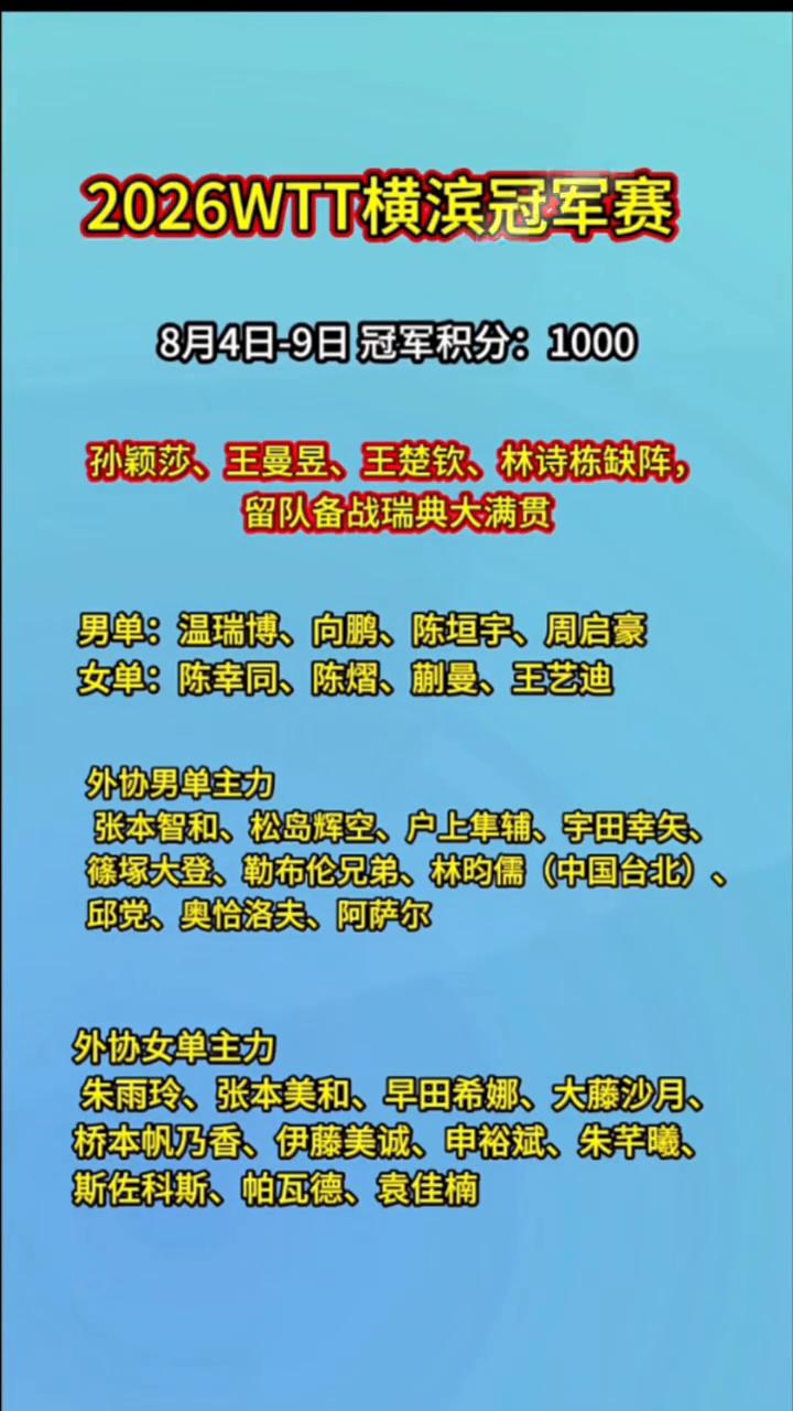 2026WTT横滨冠军赛，8月4日-9日冠军积分：1000。
孙颖莎、王曼昱、王