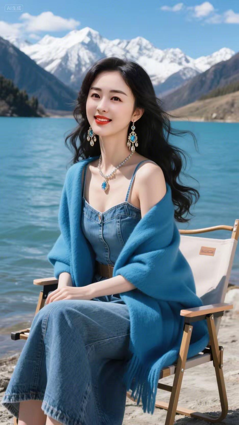 雪山湖畔的浪漫时光，蓝色牛仔裙搭配毛毯，美不胜收！🌊💙💙