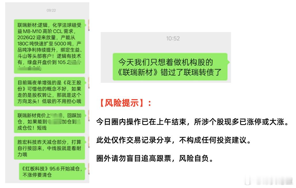 今日圈内操作已在上午结束，所涉个股现多已涨停或大涨。此处仅作交易记录分享，不构成
