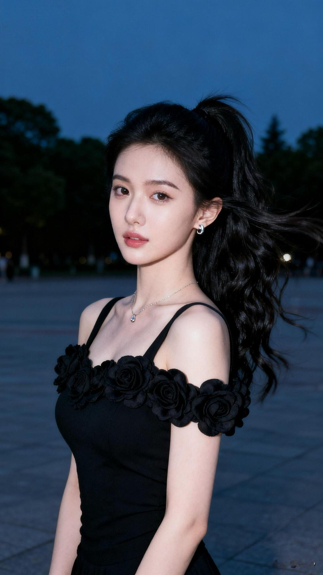 夜晚的优雅，黑色玫瑰连衣裙，尽显迷人魅力。