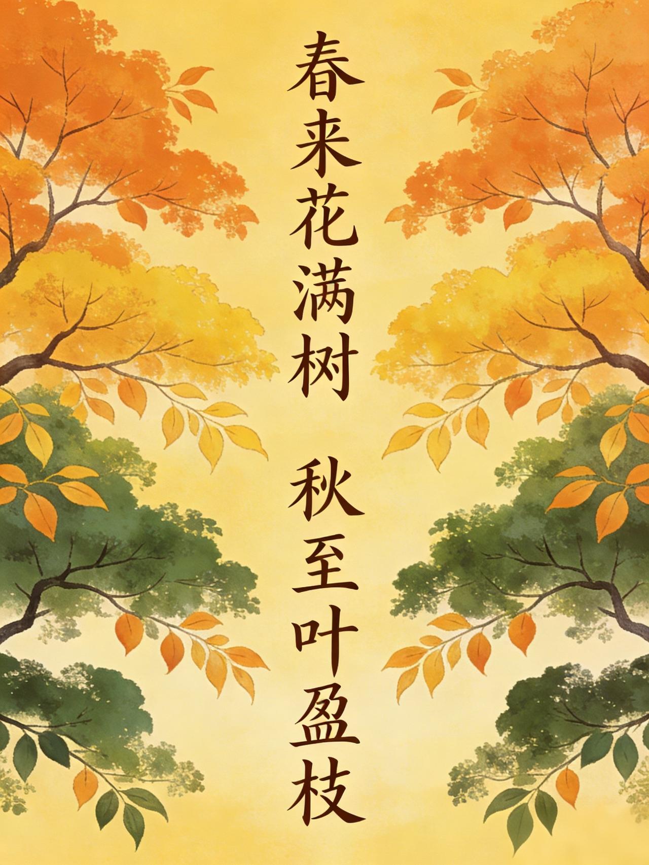 解析：与上联“春来花满树”形成工整的季节对应，“秋至”对“春来”，“叶盈枝”对“