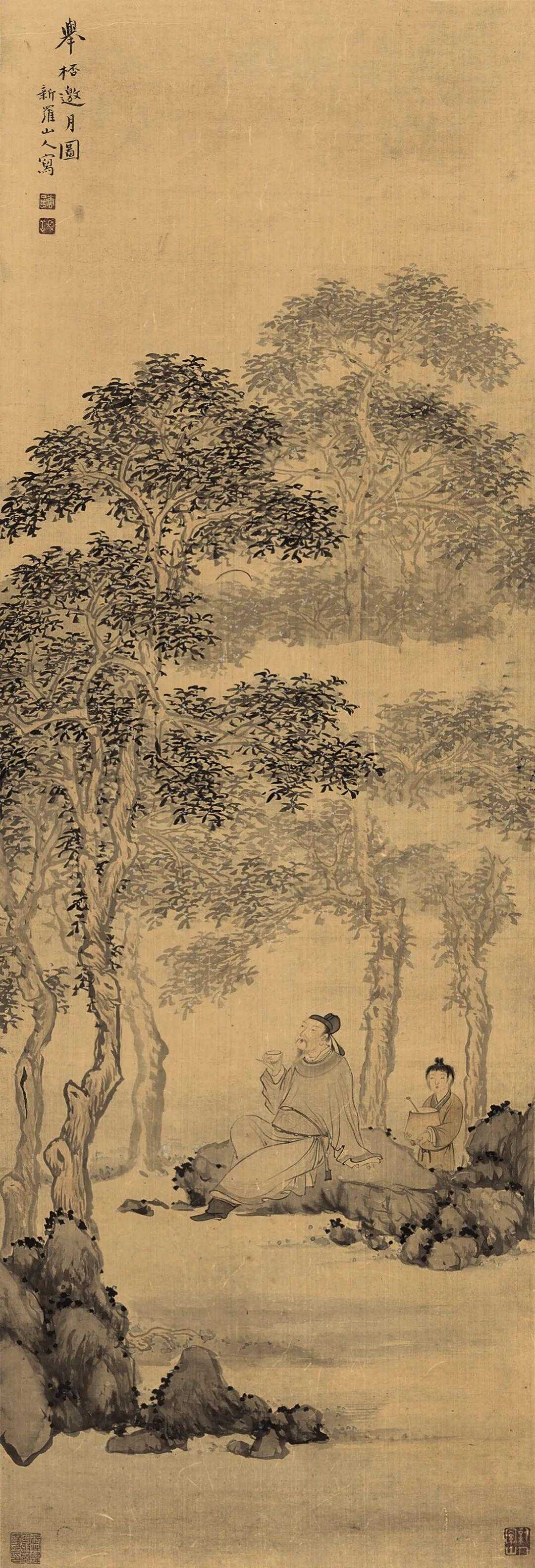 清 华喦《举杯邀月图》，纸本 136×46 cm。月桂飘香，晚霭拥翠，一士人正仰