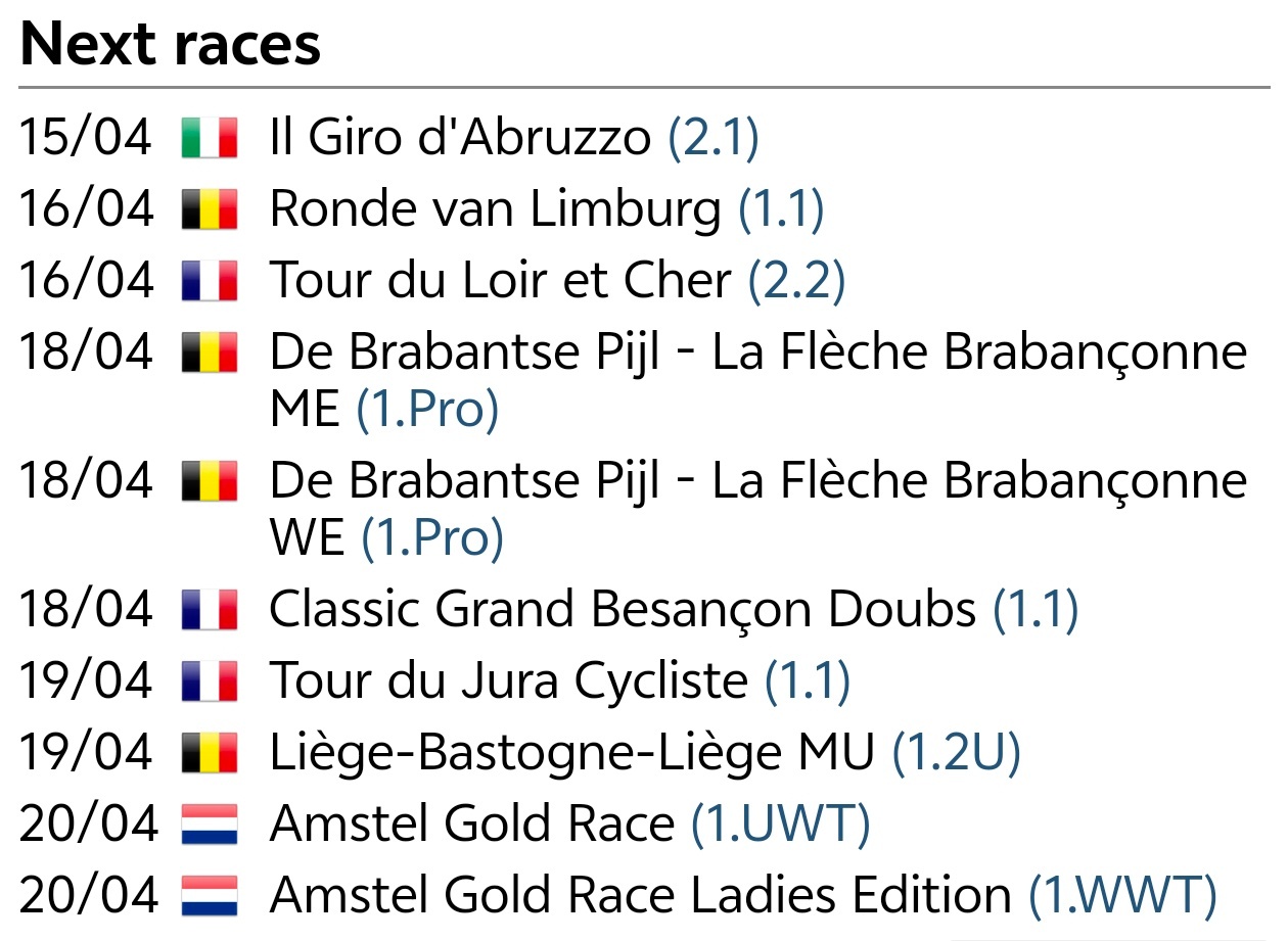 本周赛事:周二-周五 环阿布鲁佐周三:环林堡周五:布拉班特之箭（艾菲内普尔赛季首