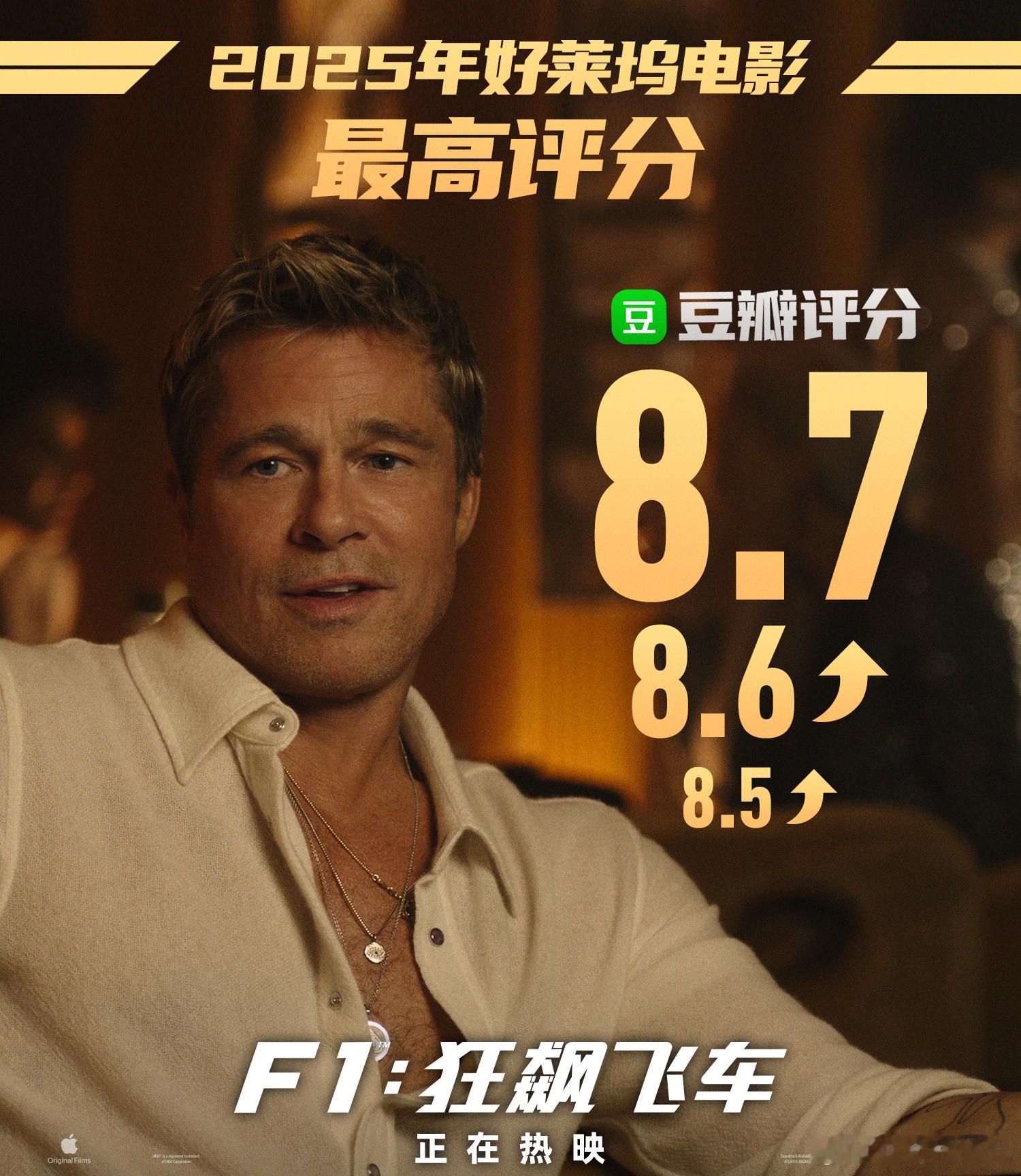 F1狂飙飞车豆瓣评分涨至8.7 豆瓣8.7！猫眼9.5！烂番茄99%爆米花！《F