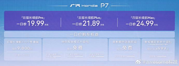4月15日，广汽本田P7正式上市，共推出三款车型，一口价区间19.99万元-24