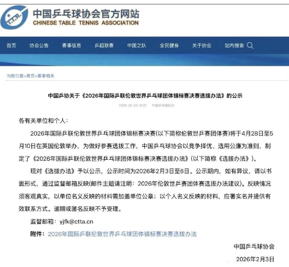 2月3日，中国乒协公布了2026年伦敦世乒赛选拔办法，樊振东凭借十五运乒乓球男单