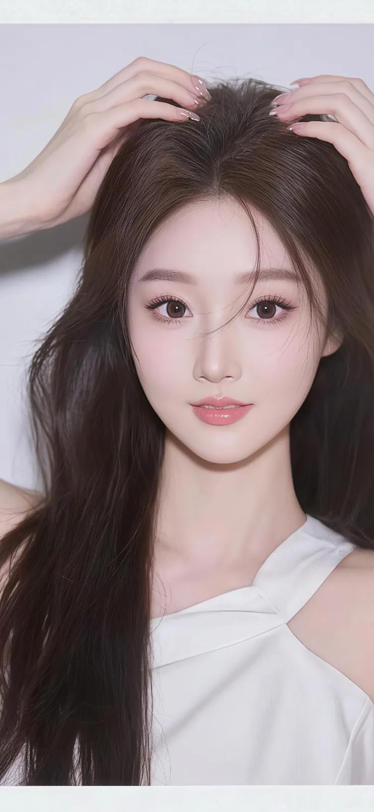 温柔甜美的少女，白皙肌肤，自然妆容，优雅发型，清新自然。