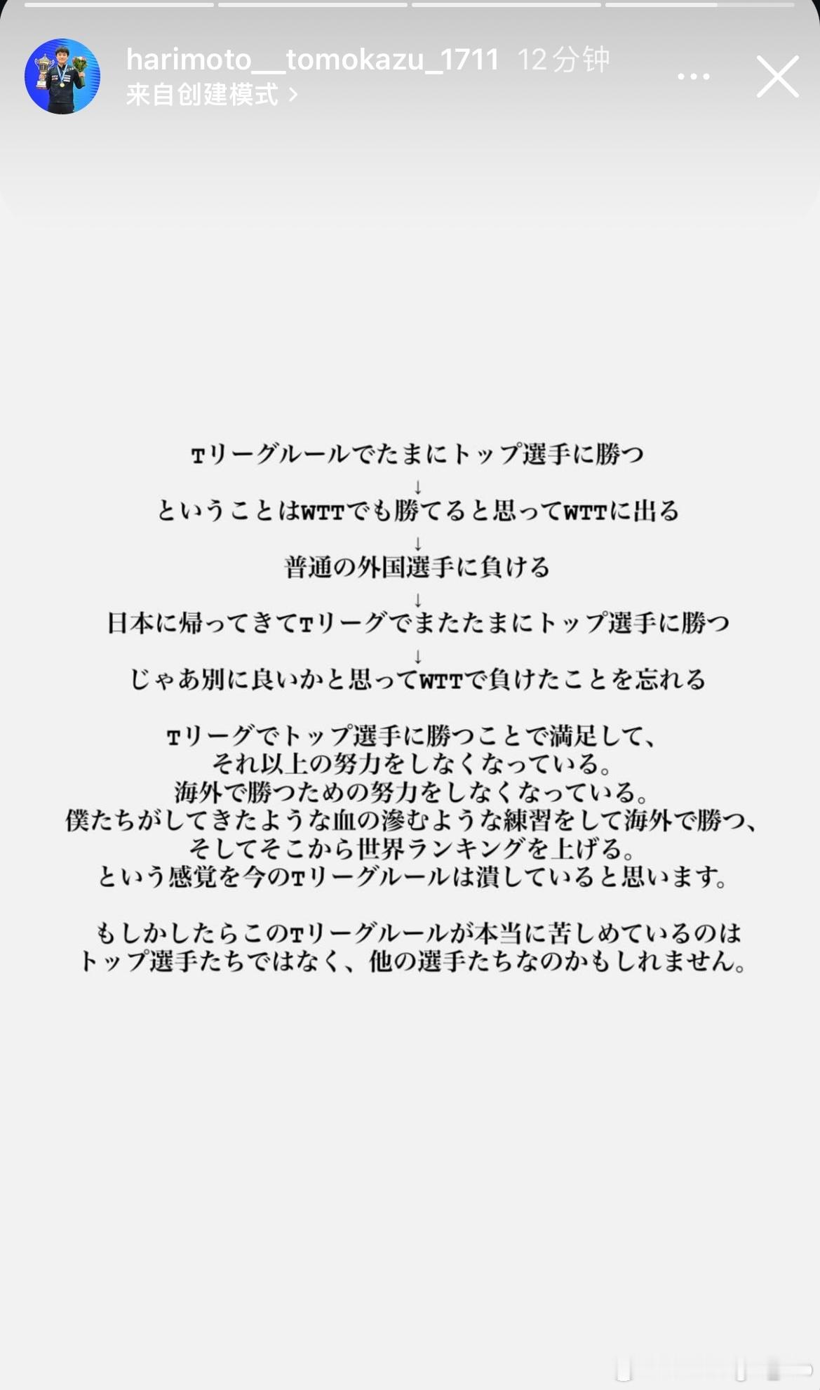 张本智和：在T联赛规则下偶尔能战胜顶尖选手   ↓于是就觉得自己也能在WTT赛事
