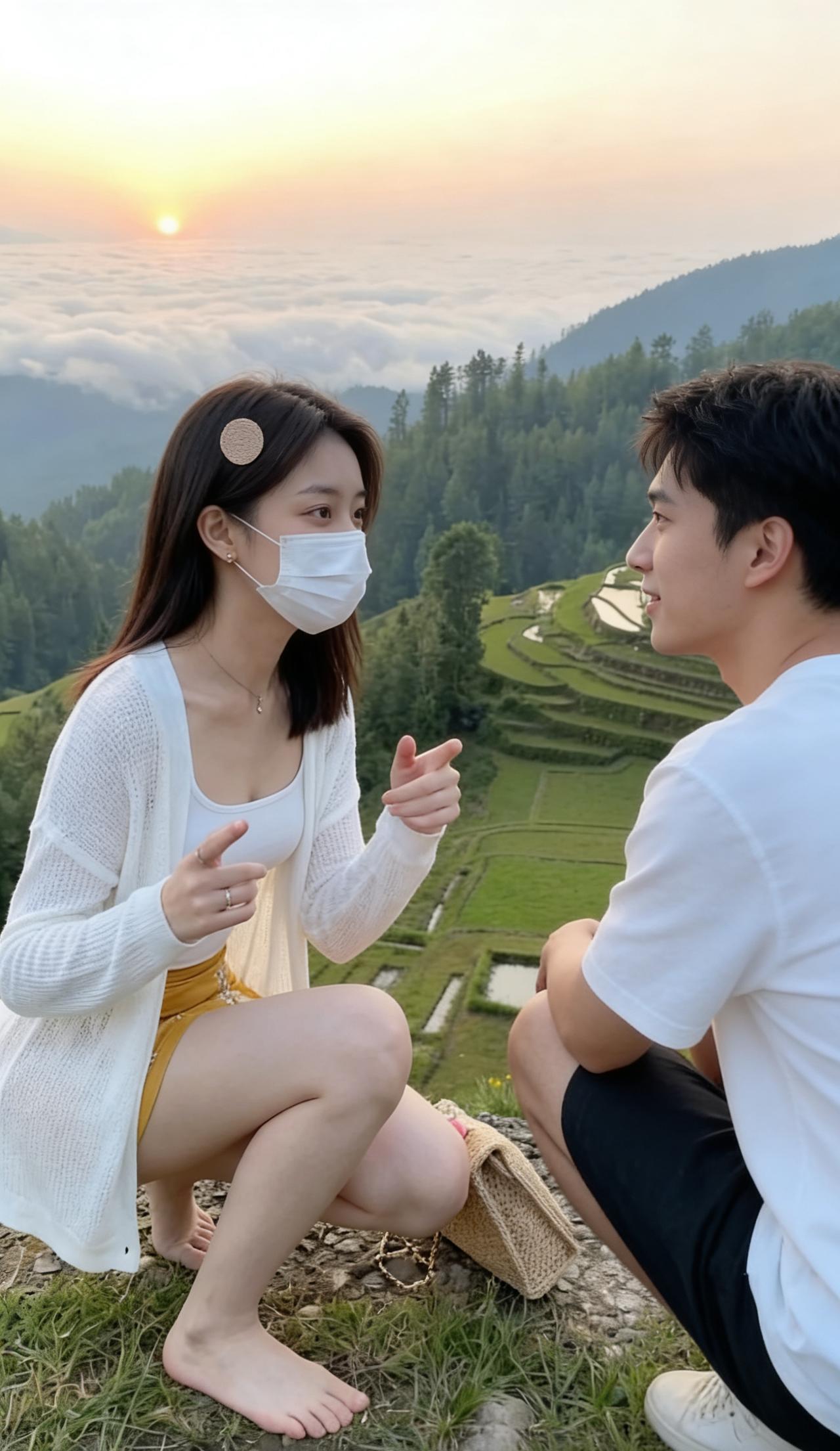 水龙吟·山中邂逅
晓光轻染层峦，雾涛半卷青山路。崖前石畔，一蹲柔影，鬓边花露。素