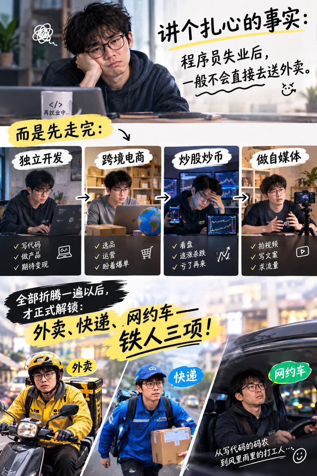 多么痛的领悟 讲个扎心的事实程序员失业后一般不会直接去送外卖而是先走完独立开发 