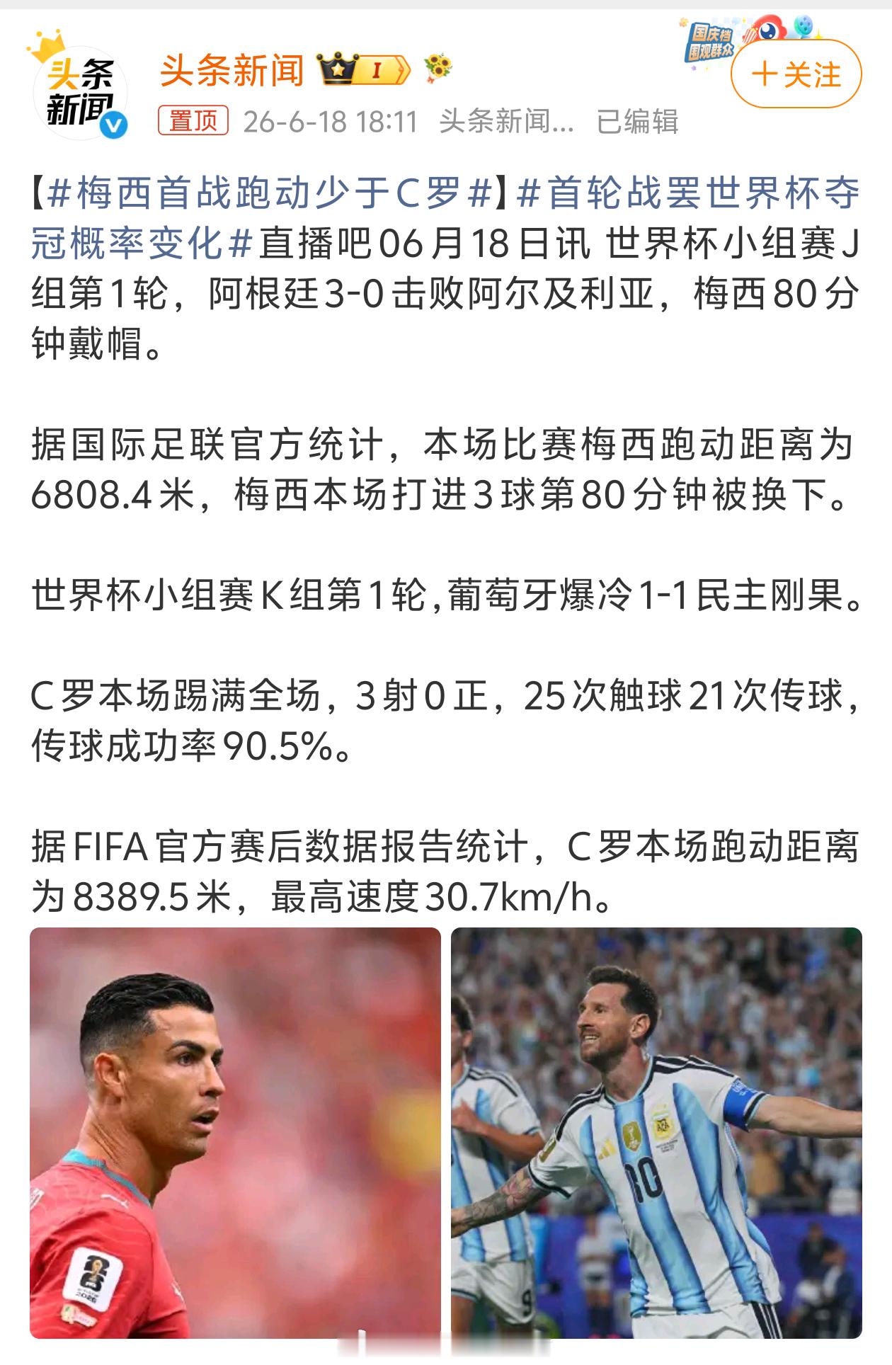 梅西首战跑动少于C罗 现在的媒体就喜欢发这种引战新闻，媒体们知道这种新闻双方的球