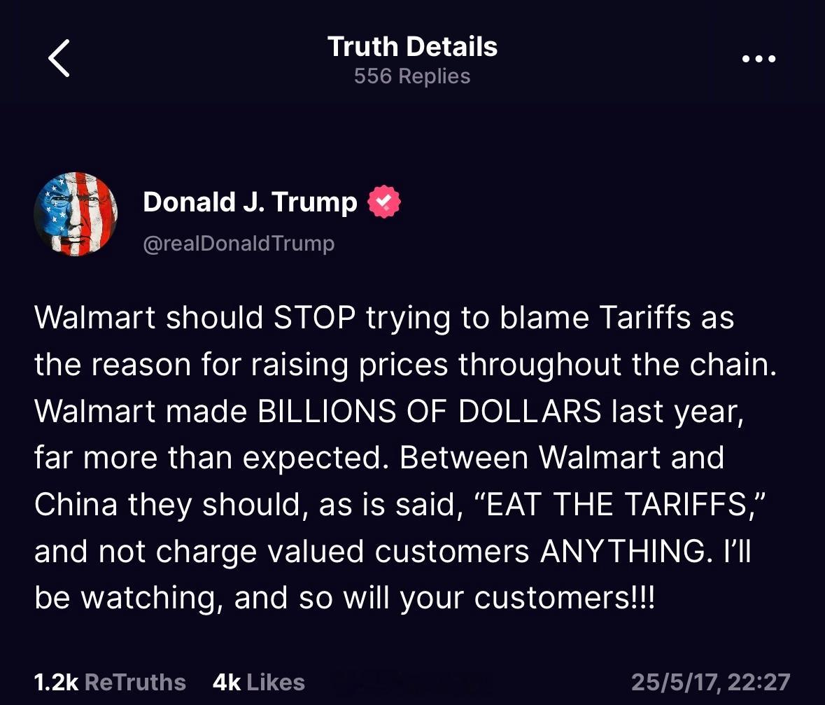特朗普要求沃尔玛自己承担关税“沃尔玛应该停止试图将关税作为全公司涨价的理由。沃尔
