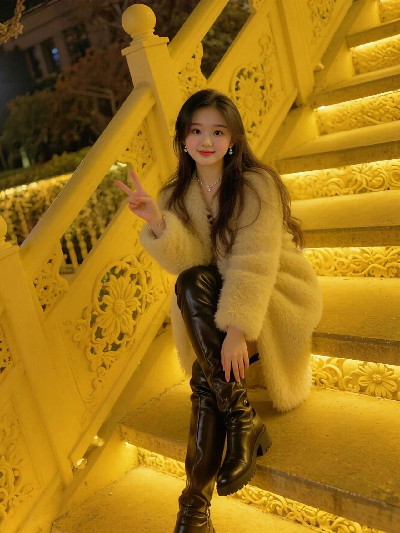 坐楼梯砖小姐姐 带来微笑 自拍姿势 美女