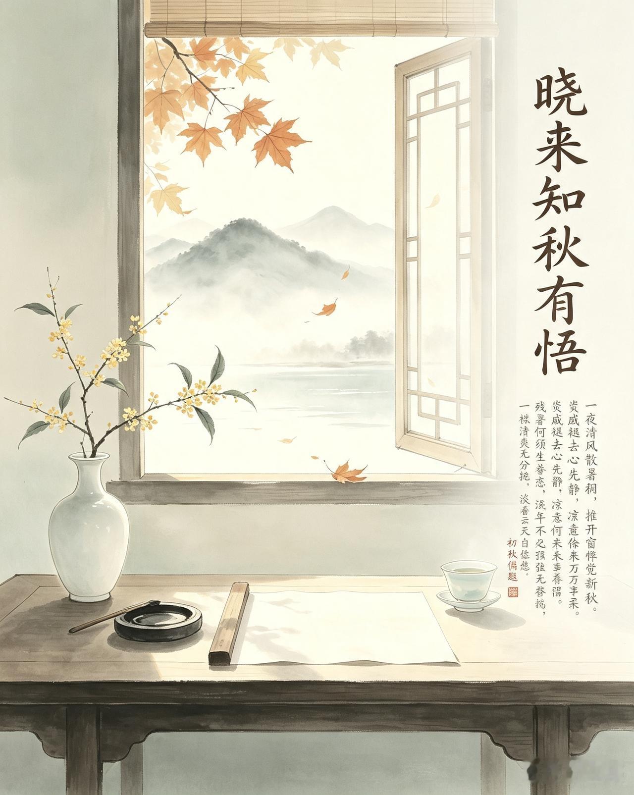 清晨开窗，一夜清风吹散连日暑气，倏然邂逅初秋微凉。暑热散尽，心绪随之安宁，感念时