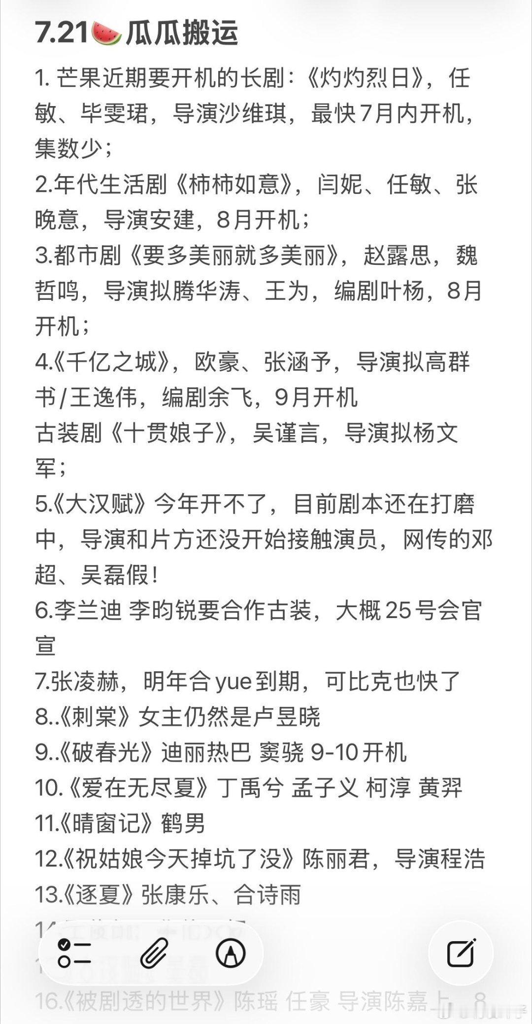 7.21内🐟小瓜7.21🍉瓜瓜搬运1. 芒果将要开机的长剧：《灼灼烈日》，任