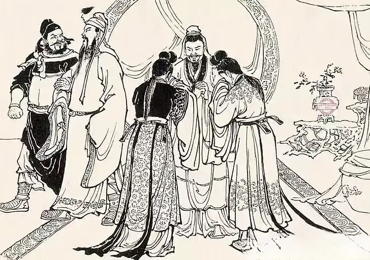 “二哥，我请客，咱哥俩找地方喝酒吃肉去，别在这碍事了。”此图中刘关张三...