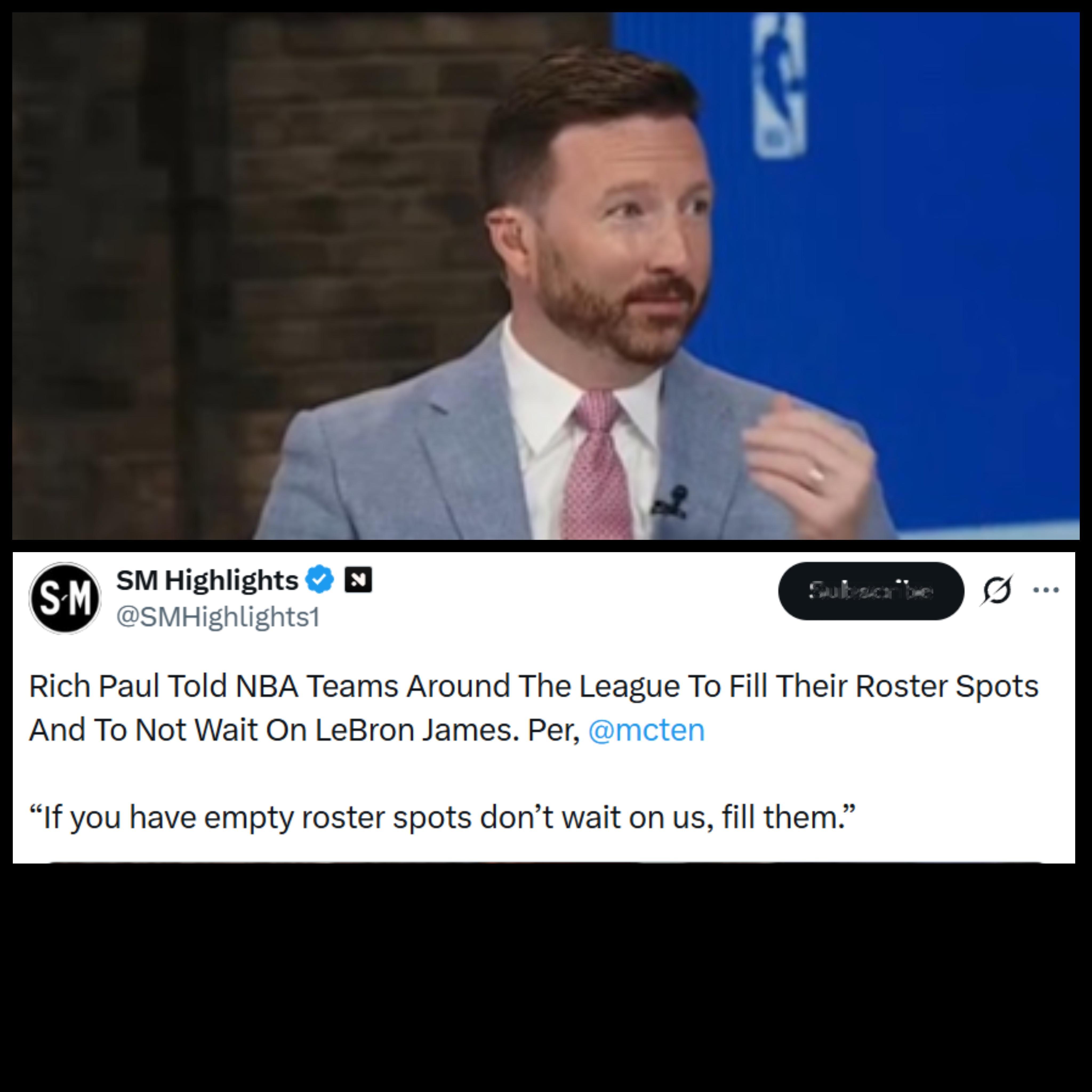 Dave McMenamin表示，里奇.保罗告诉联盟各NBA球队填满他们的阵容空