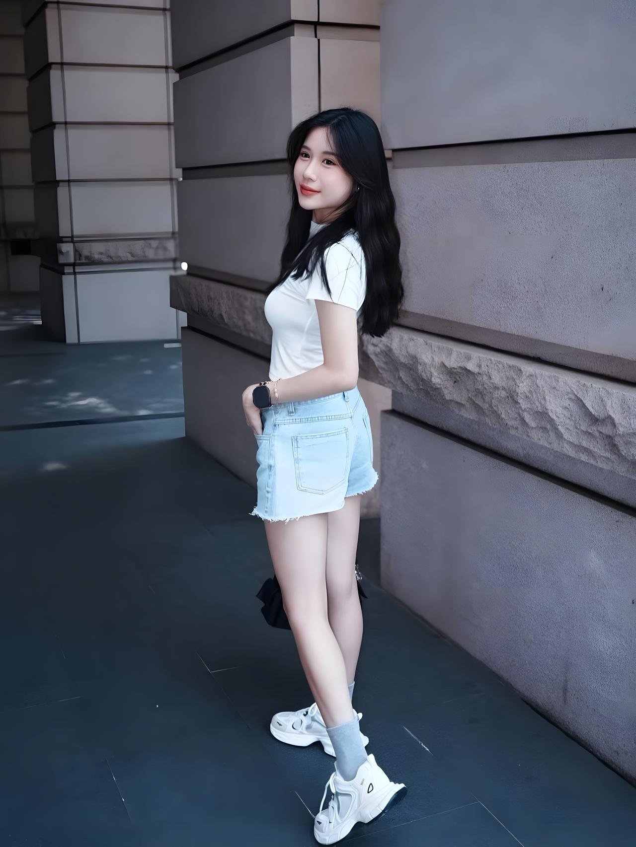 清新穿搭，牛仔短裤+白色T恤，简约又时尚！简约上衣配短裤 甜酷风牛仔穿搭 高腰白