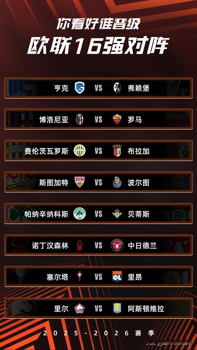 本赛季欧联杯16强抽签对阵出炉：与欧冠对阵类似，同样比较邪门，出现多对强强对话。