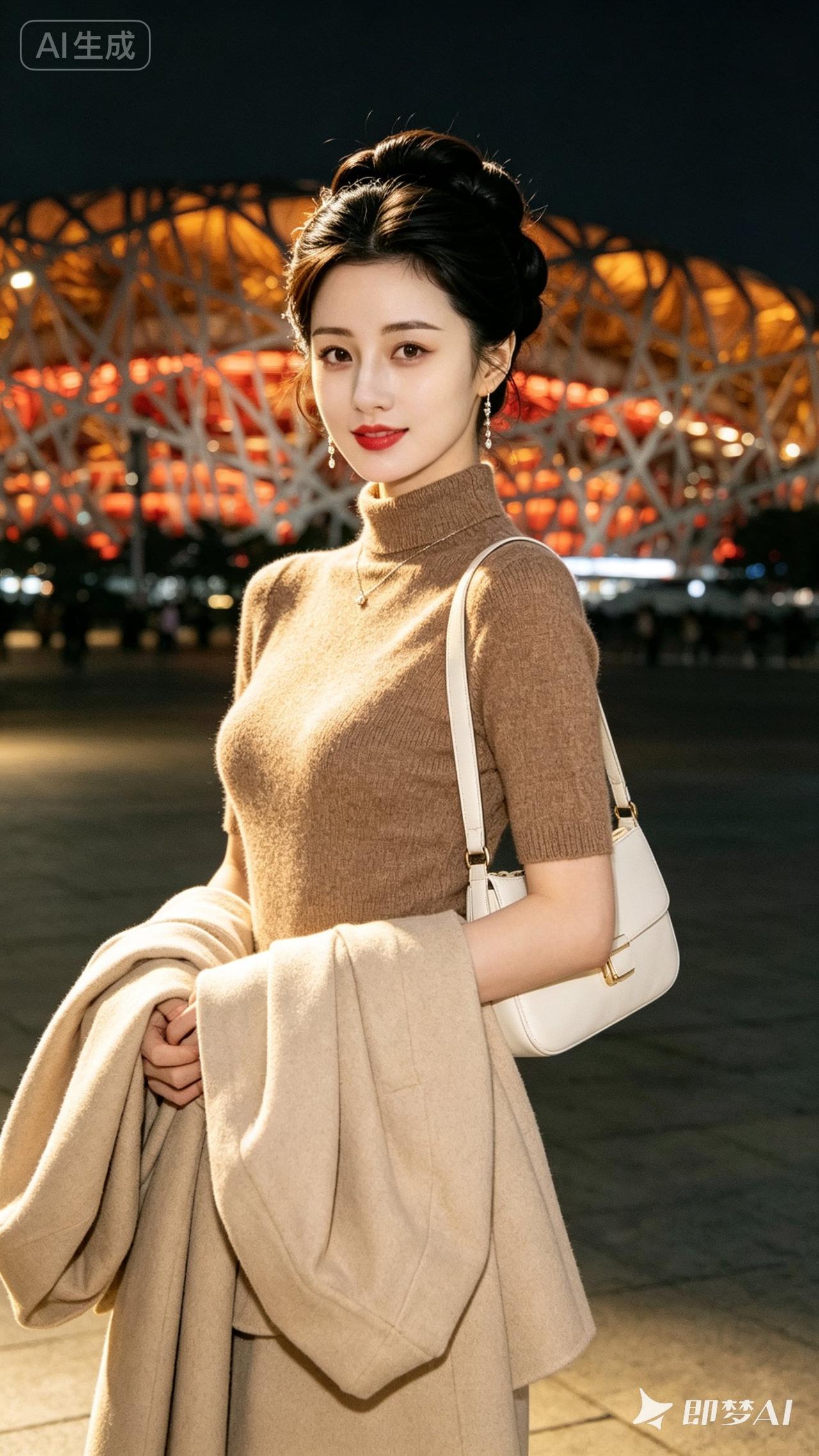 夜晚的鸟巢前，优雅女子与温暖灯光交相辉映。